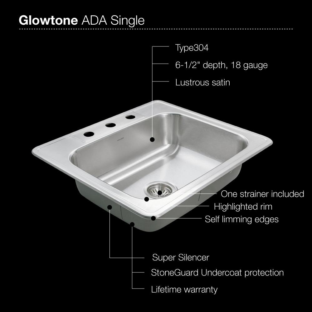 Houzer ADA Glowtone Topmount Stainless Steel 3-hole Single Bowl Kitchen Sink Kitchen Sink - Topmount Houzer 