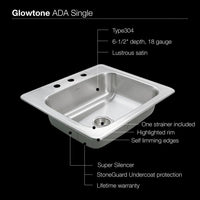Thumbnail for Houzer ADA Glowtone Topmount Stainless Steel 3-hole Single Bowl Kitchen Sink Kitchen Sink - Topmount Houzer 
