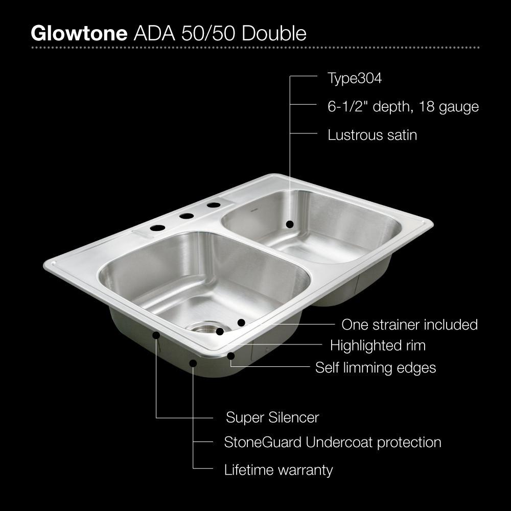 Houzer ADA Glowtone Series Topmount Stainless Steel 3-hole 50/50 Double Bowl Kitchen Sink Kitchen Sink - Topmount Houzer 