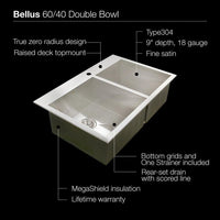 Thumbnail for Houzer Bellus Series Zero Radius Topmount Stainless Steel 1-Hole 50/50 Double Bowl Kitchen Sink Kitchen Sink - Topmount Houzer 