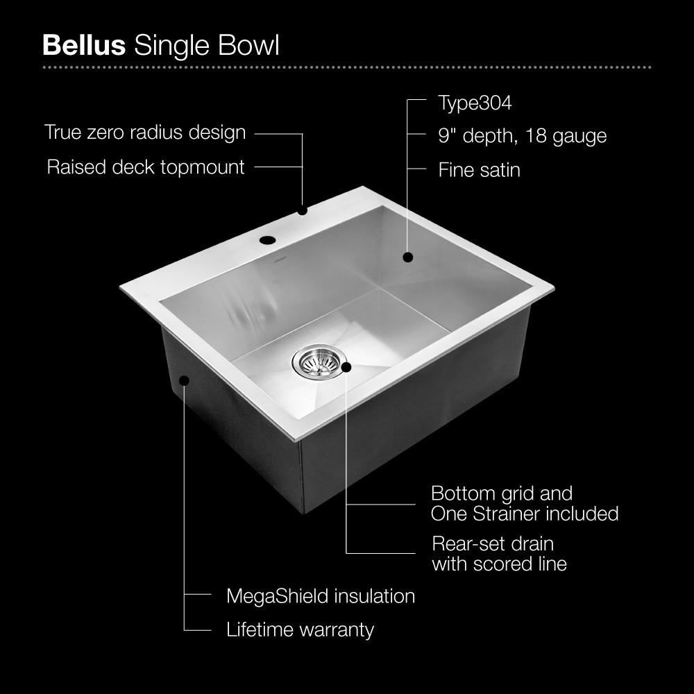 Houzer Bellus Series Zero Radius Topmount Stainless Steel 1-Hole Single Bowl Kitchen Sink Kitchen Sink - Topmount Houzer 