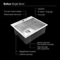 Thumbnail for Houzer Bellus Series Zero Radius Topmount Stainless Steel 1-Hole Single Bowl Kitchen Sink Kitchen Sink - Topmount Houzer 