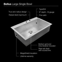 Thumbnail for Houzer Bellus Series Zero Radius Topmount Stainless Steel 1-Hole Large Single Kitchen Sink Kitchen Sink - Topmount Houzer 