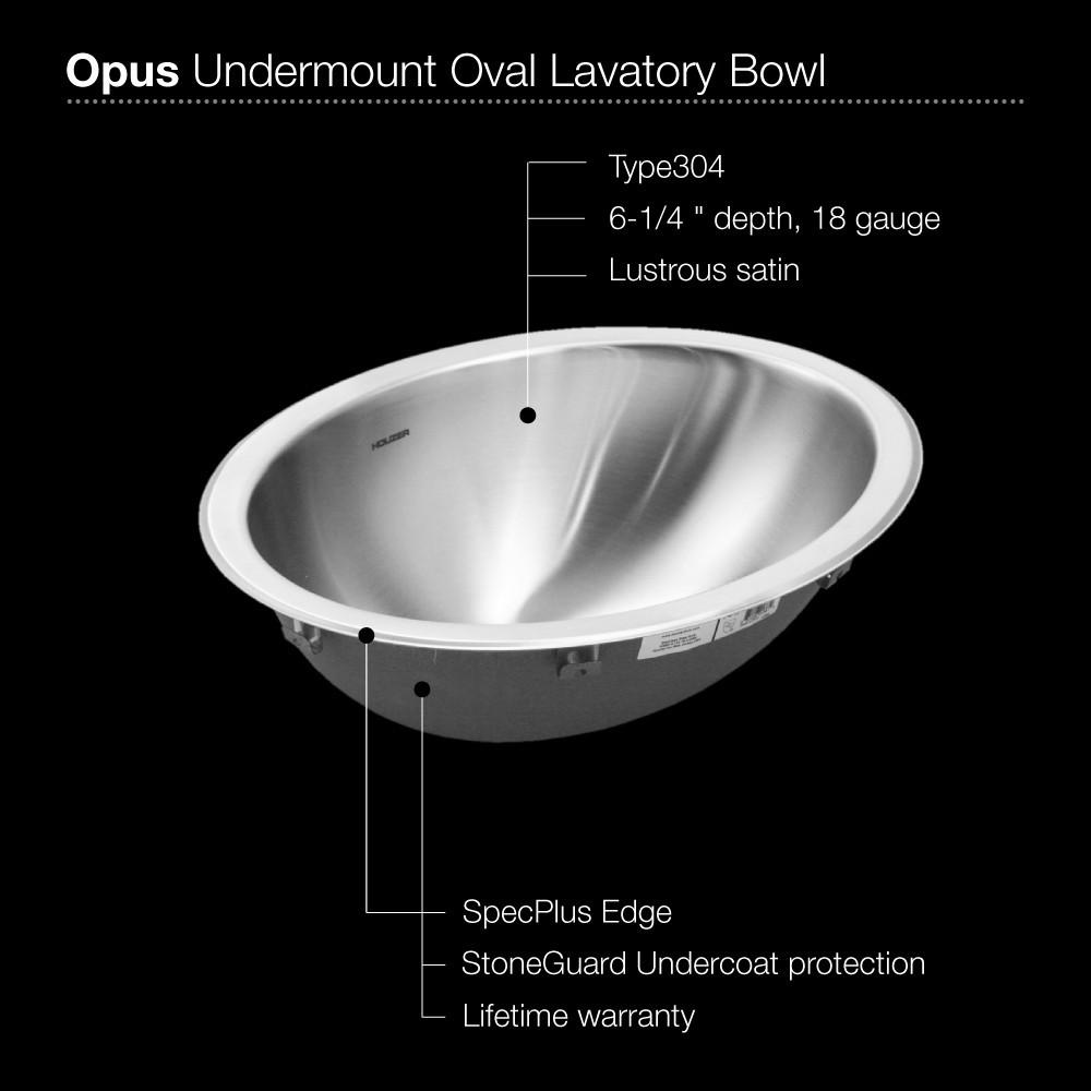 Houzer CH-1800-1 Opus Series Undermount Stainless Steel Oval Bowl Lavatory Sink Bathroom Sink - Undermount Houzer 