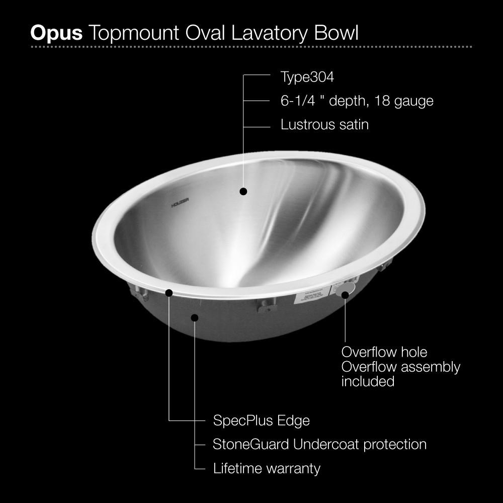 Houzer Opus Series Topmount Stainless Steel Oval Bowl Lavatory Sink with Overflow Bathroom Sink - Topmount Houzer 