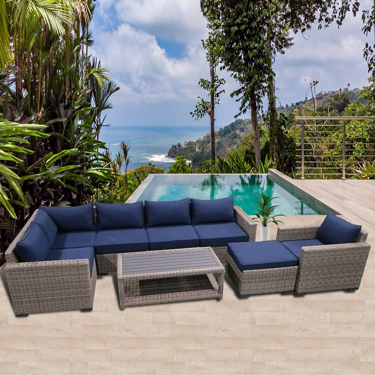 8-Piece Outdoor Pation Funiture Set Wicker Rattan Sectional Sofa Couch with Coffee Table Outdoor Furniture Casual Inc. 