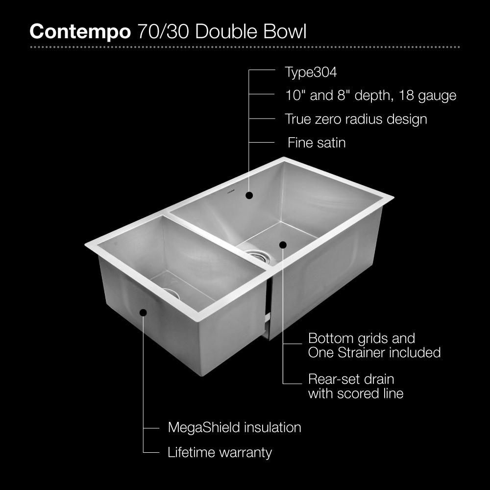 Houzer Contempo Series Undermount Stainless Steel 70/30 Double Bowl Kitchen Sink, Prep bowl left Kitchen Sink - Undermount Houzer 