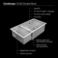 Thumbnail for Houzer Contempo Series Undermount Stainless Steel 70/30 Double Bowl Kitchen Sink, Prep bowl left Kitchen Sink - Undermount Houzer 