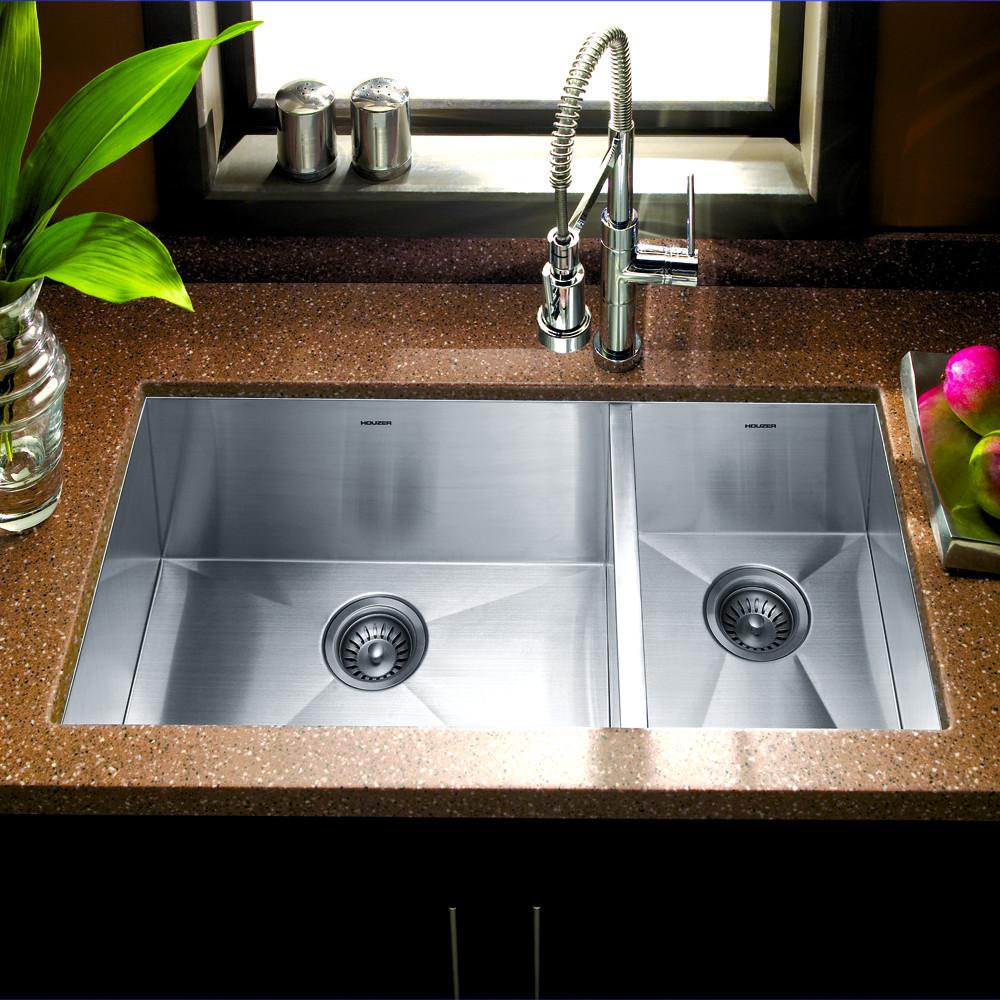 Houzer Contempo Series Undermount Stainless Steel 70/30 Double Bowl Kitchen Sink, Prep bowl Right Kitchen Sink - Undermount Houzer 
