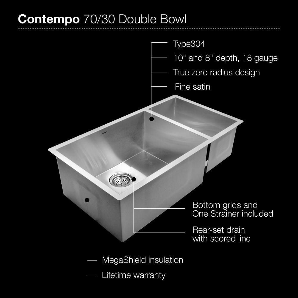 Houzer Contempo Series Undermount Stainless Steel 70/30 Double Bowl Kitchen Sink, Prep bowl Right Kitchen Sink - Undermount Houzer 