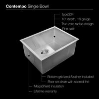 Thumbnail for Houzer Contempo Series Undermount Stainless Steel Single Bowl Kitchen Sink Kitchen Sink - Undermount Houzer 