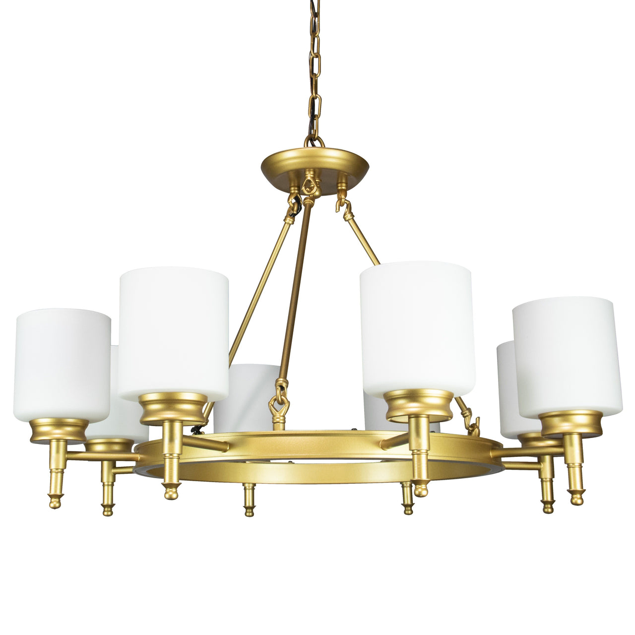 Antora Vintage Gold Wagon Wheel Light Fixture with Semi White Glass Shades, 8 Bulb, Elegant Overhead Lighting and Home Decor, Entryway, Dining Room, and Foyer Chandeliers Canyon Home 
