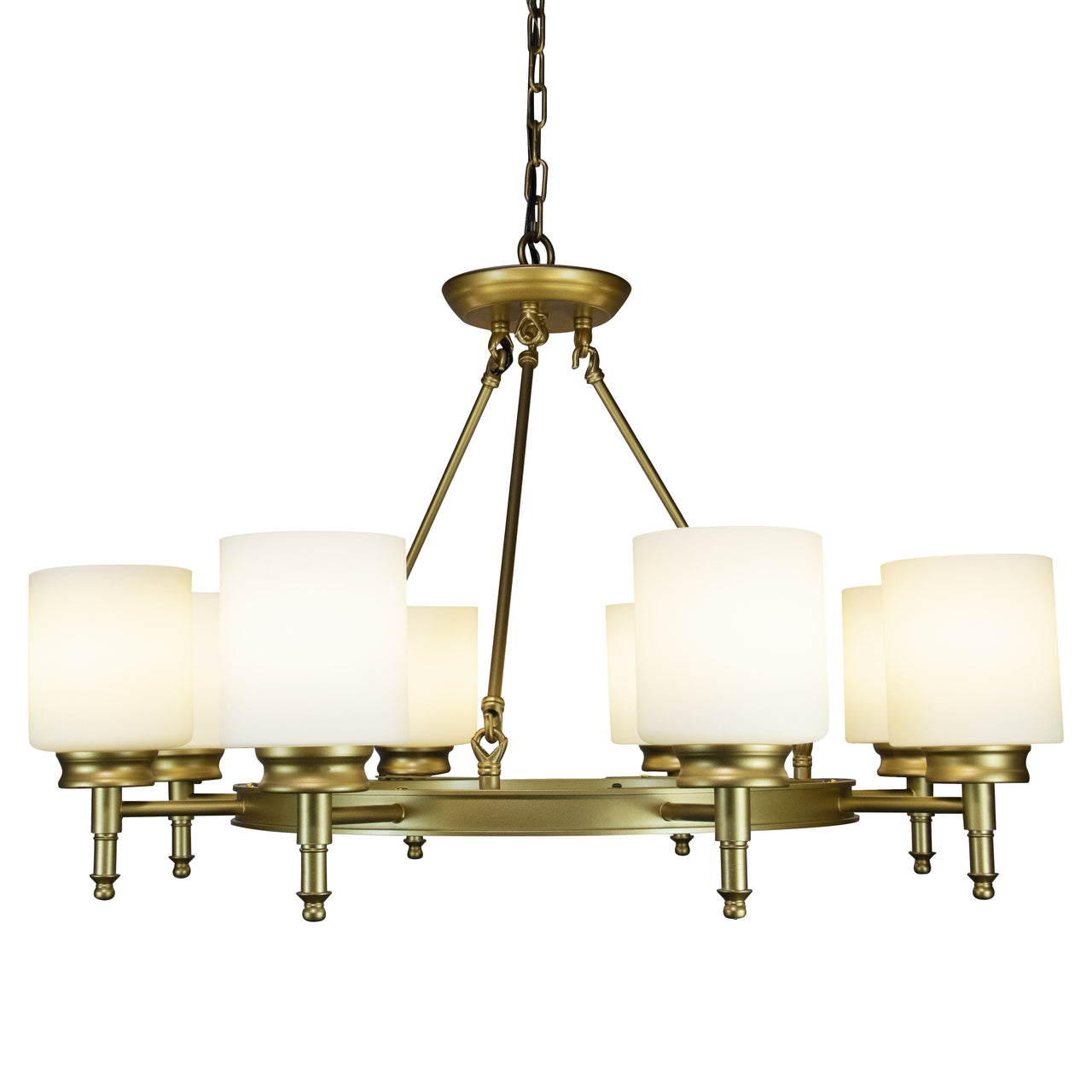 Antora Vintage Gold Wagon Wheel Light Fixture with Semi White Glass Shades, 8 Bulb, Elegant Overhead Lighting and Home Decor, Entryway, Dining Room, and Foyer Chandeliers Canyon Home 