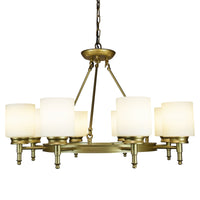 Thumbnail for Antora Vintage Gold Wagon Wheel Light Fixture with Semi White Glass Shades, 8 Bulb, Elegant Overhead Lighting and Home Decor, Entryway, Dining Room, and Foyer Chandeliers Canyon Home 
