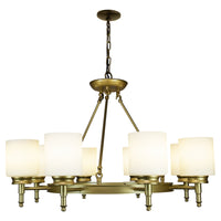 Thumbnail for Antora Vintage Gold Wagon Wheel Light Fixture with Semi White Glass Shades, 8 Bulb, Elegant Overhead Lighting and Home Decor, Entryway, Dining Room, and Foyer Chandeliers Canyon Home 