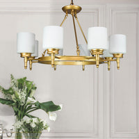 Thumbnail for Antora Vintage Gold Wagon Wheel Light Fixture with Semi White Glass Shades, 8 Bulb, Elegant Overhead Lighting and Home Decor, Entryway, Dining Room, and Foyer Chandeliers Canyon Home 