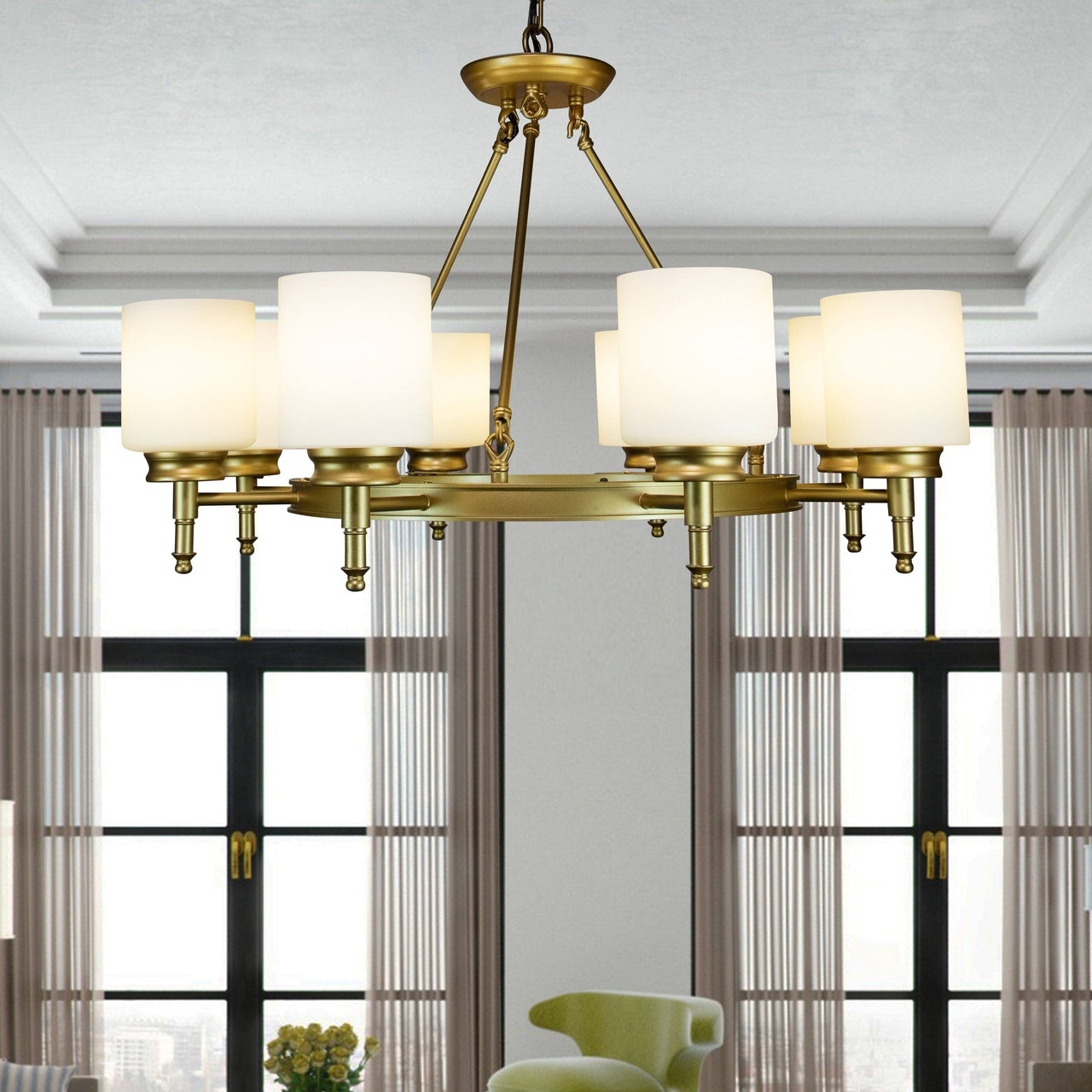 Antora Vintage Gold Wagon Wheel Light Fixture with Semi White Glass Shades, 8 Bulb, Elegant Overhead Lighting and Home Decor, Entryway, Dining Room, and Foyer Chandeliers Canyon Home 