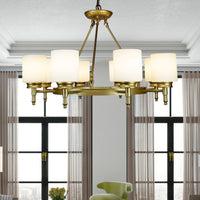 Thumbnail for Antora Vintage Gold Wagon Wheel Light Fixture with Semi White Glass Shades, 8 Bulb, Elegant Overhead Lighting and Home Decor, Entryway, Dining Room, and Foyer Chandeliers Canyon Home 