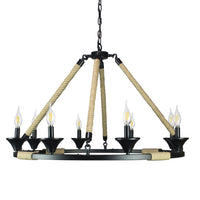Thumbnail for Hinnes Gothic Wagon Wheel Light Fixture with 8 Bulb Overhead Lighting and Vintage Rope Decor for Home, Living or Dining Room, Foyer, or Entryway, Dimmable Options Chandeliers Canyon Home 