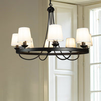 Thumbnail for Baden Rustic Wagon Wheel Light Fixture with 8 Bulb and White Fabric Shades, Overhead Lighting with Vintage Black Frame for Foyer, Home, Living or Dining Room Chandeliers Canyon Home 
