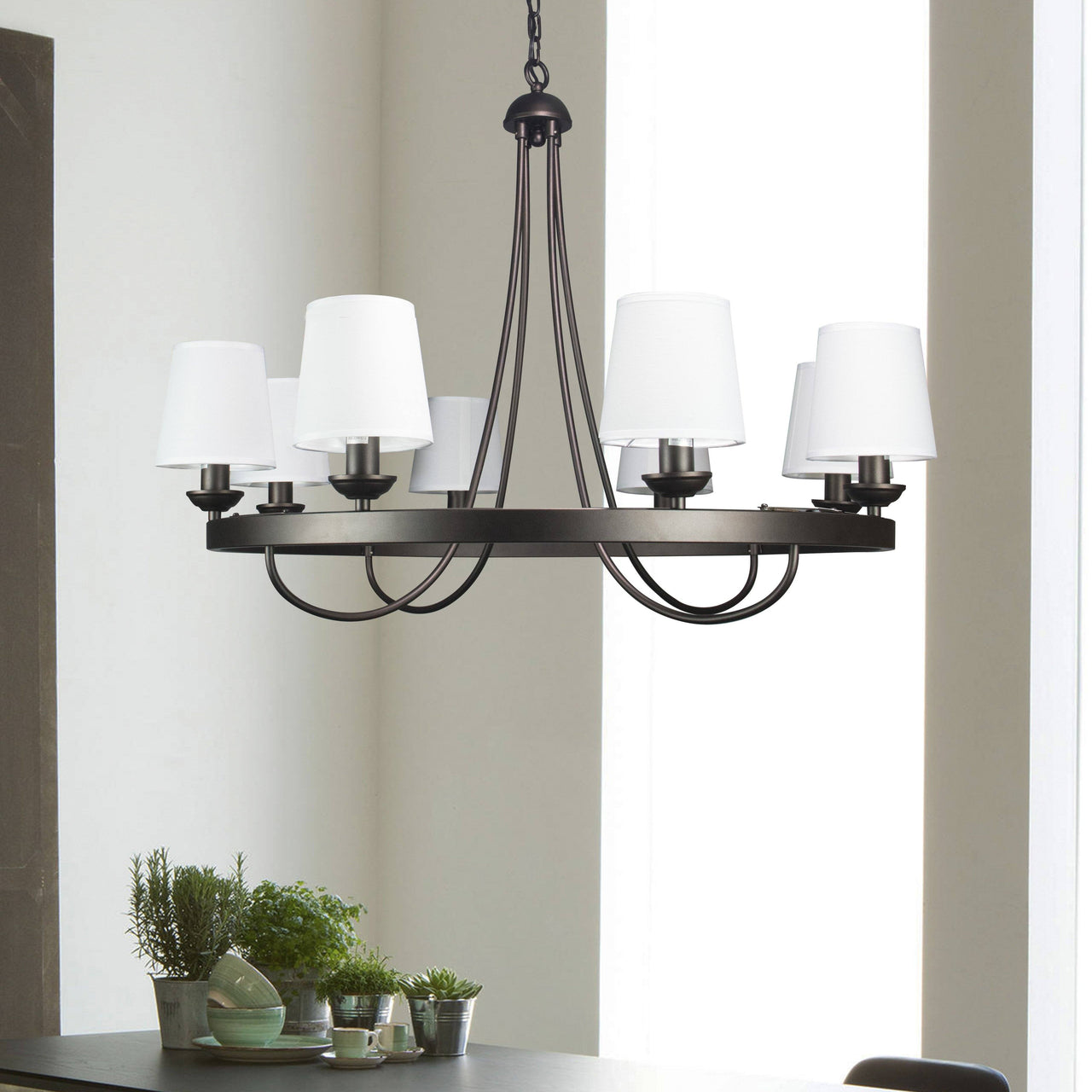 Baden Rustic Wagon Wheel Light Fixture with 8 Bulb and White Fabric Shades, Overhead Lighting with Vintage Black Frame for Foyer, Home, Living or Dining Room Chandeliers Canyon Home 