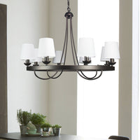 Thumbnail for Baden Rustic Wagon Wheel Light Fixture with 8 Bulb and White Fabric Shades, Overhead Lighting with Vintage Black Frame for Foyer, Home, Living or Dining Room Chandeliers Canyon Home 
