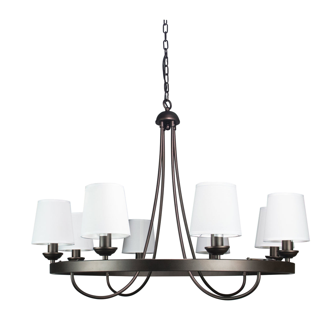 Baden Rustic Wagon Wheel Light Fixture with 8 Bulb and White Fabric Shades, Overhead Lighting with Vintage Black Frame for Foyer, Home, Living or Dining Room Chandeliers Canyon Home 