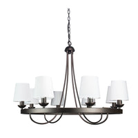 Thumbnail for Baden Rustic Wagon Wheel Light Fixture with 8 Bulb and White Fabric Shades, Overhead Lighting with Vintage Black Frame for Foyer, Home, Living or Dining Room Chandeliers Canyon Home 