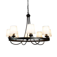 Thumbnail for Baden Rustic Wagon Wheel Light Fixture with 8 Bulb and White Fabric Shades, Overhead Lighting with Vintage Black Frame for Foyer, Home, Living or Dining Room Chandeliers Canyon Home 