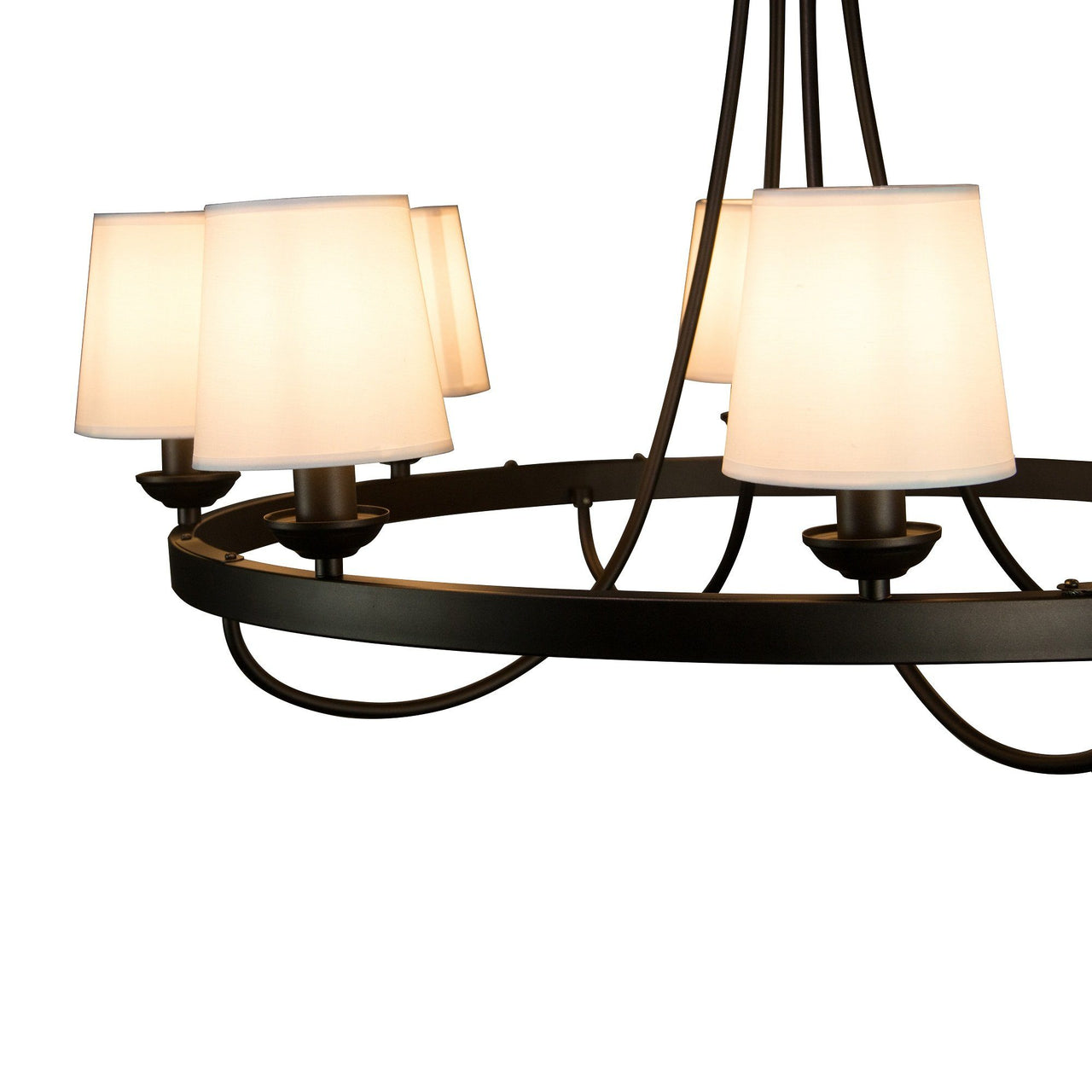 Baden Rustic Wagon Wheel Light Fixture with 8 Bulb and White Fabric Shades, Overhead Lighting with Vintage Black Frame for Foyer, Home, Living or Dining Room Chandeliers Canyon Home 
