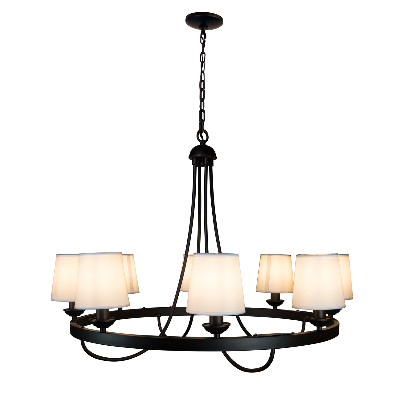 Baden Rustic Wagon Wheel Light Fixture with 8 Bulb and White Fabric Shades, Overhead Lighting with Vintage Black Frame for Foyer, Home, Living or Dining Room Chandeliers Canyon Home 