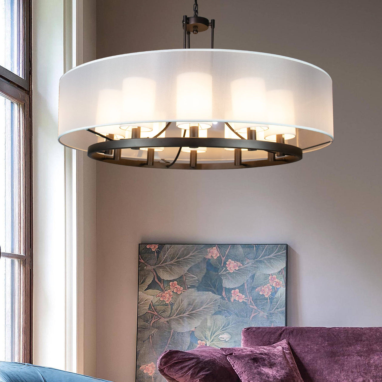 Fresno Modern Drum Chandelier Overhead Light Fixture with 10 Light Bulb Support and White Fabric Shade, Beautiful Hanging Lighting for Foyer, Living or Dining Room Use Chandeliers Canyon Home 