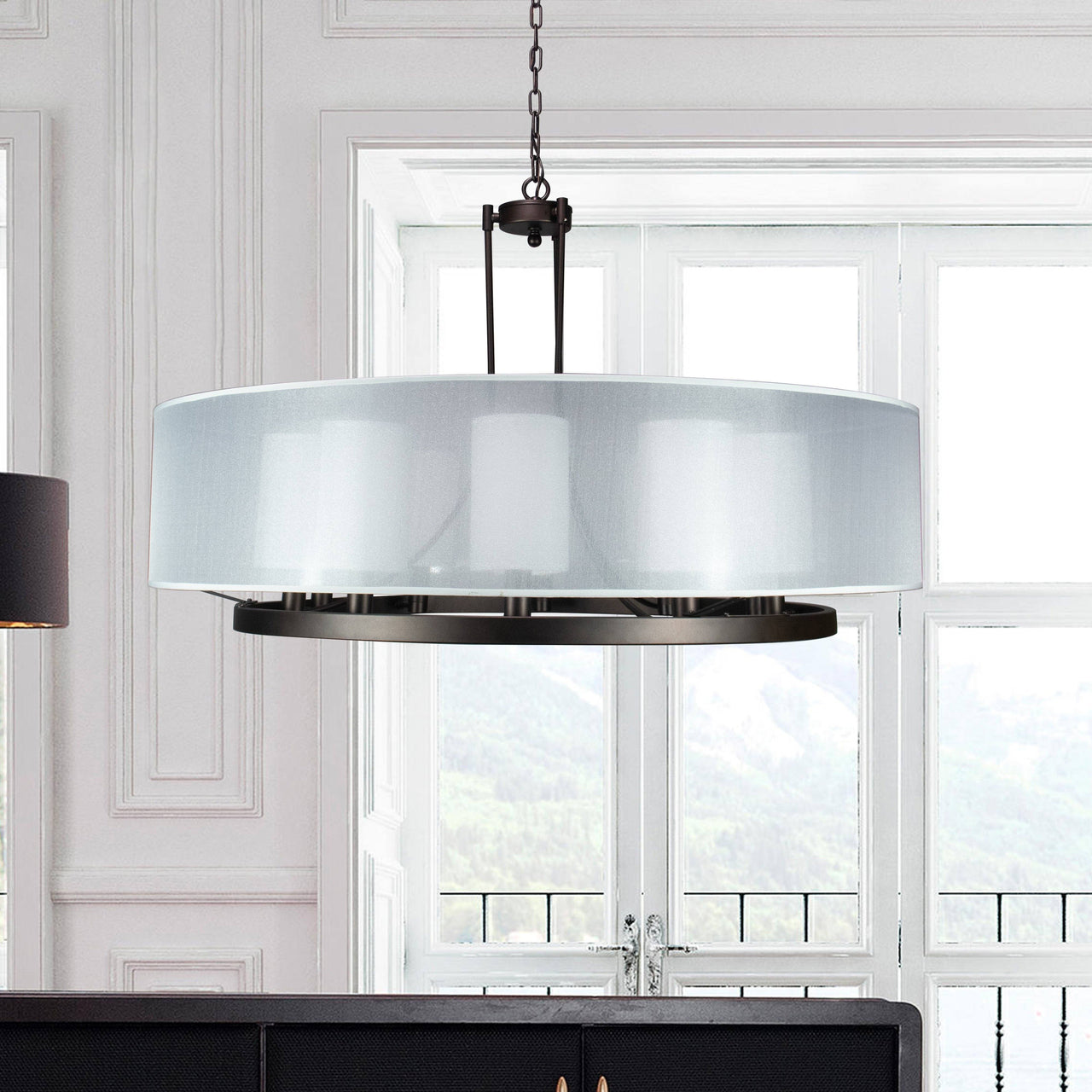 Fresno Modern Drum Chandelier Overhead Light Fixture with 10 Light Bulb Support and White Fabric Shade, Beautiful Hanging Lighting for Foyer, Living or Dining Room Use Chandeliers Canyon Home 