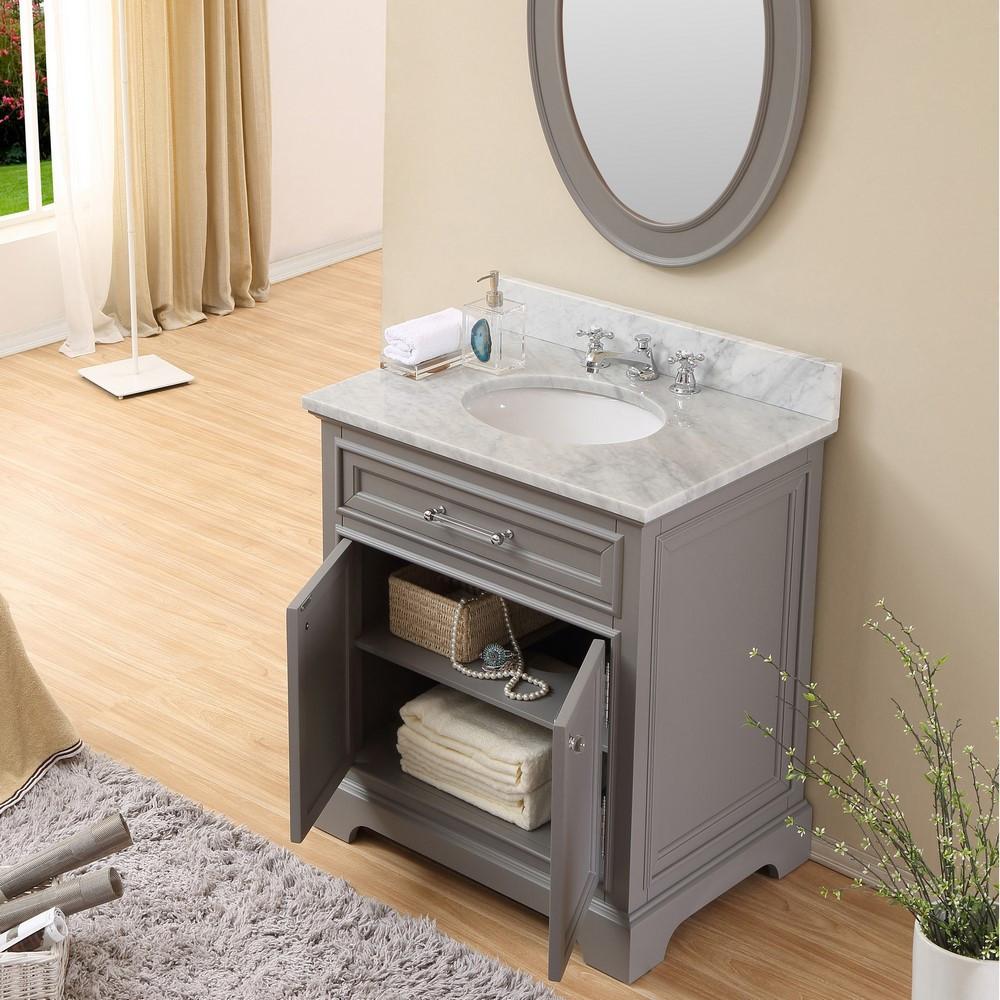 Derby 30"Cashmere Grey Single Sink Vanity With Matching Framed Mirror And Faucet Vanity Water Creation 