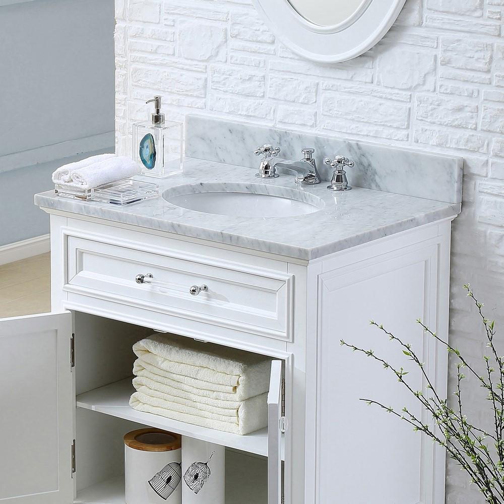 Derby 30" Solid White Single Sink Vanity With Matching Framed Mirror And Faucet Vanity Water Creation 