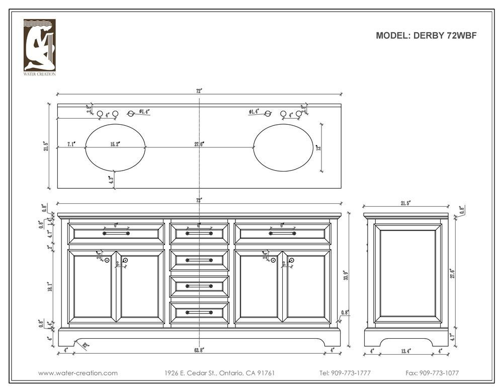 Derby 72" Solid White Double Sink Vanity With Framed Mirrors And Faucets Vanity Water Creation 