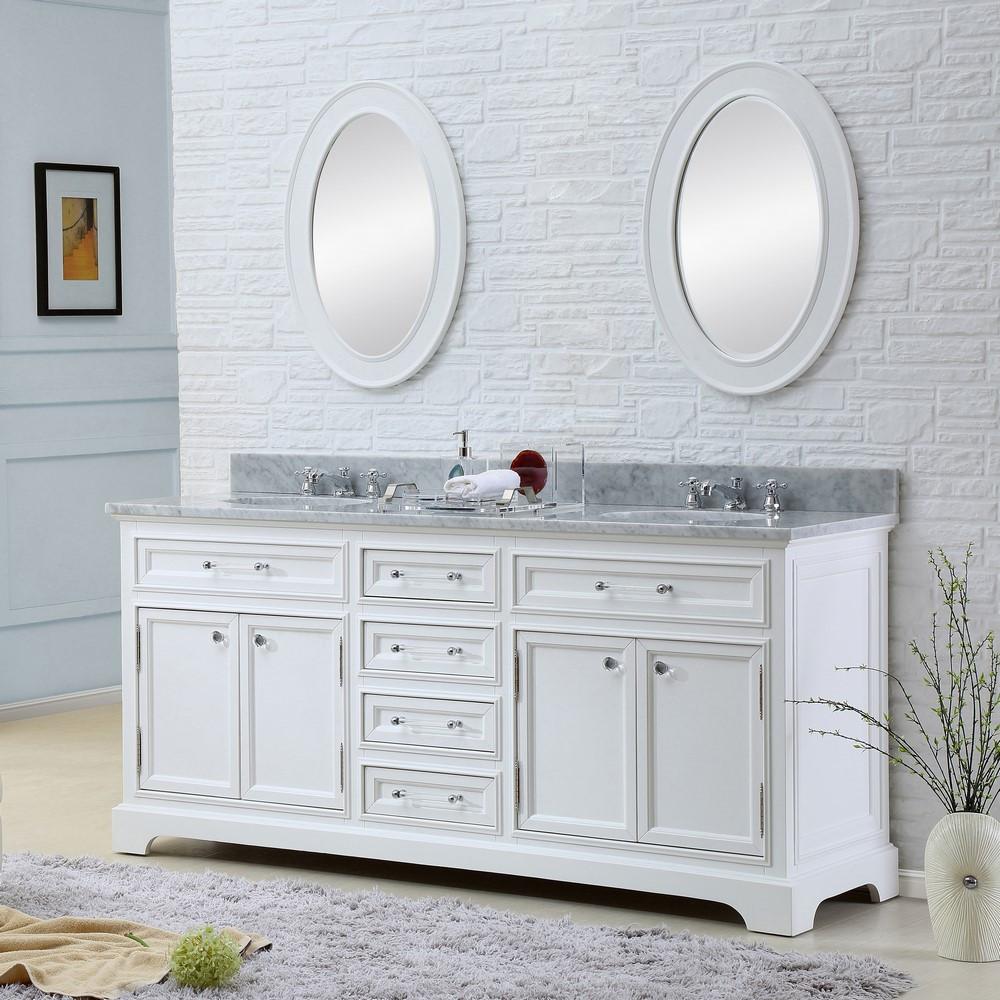 Derby 72" Solid White Double Sink Vanity With Framed Mirrors And Faucets Vanity Water Creation 