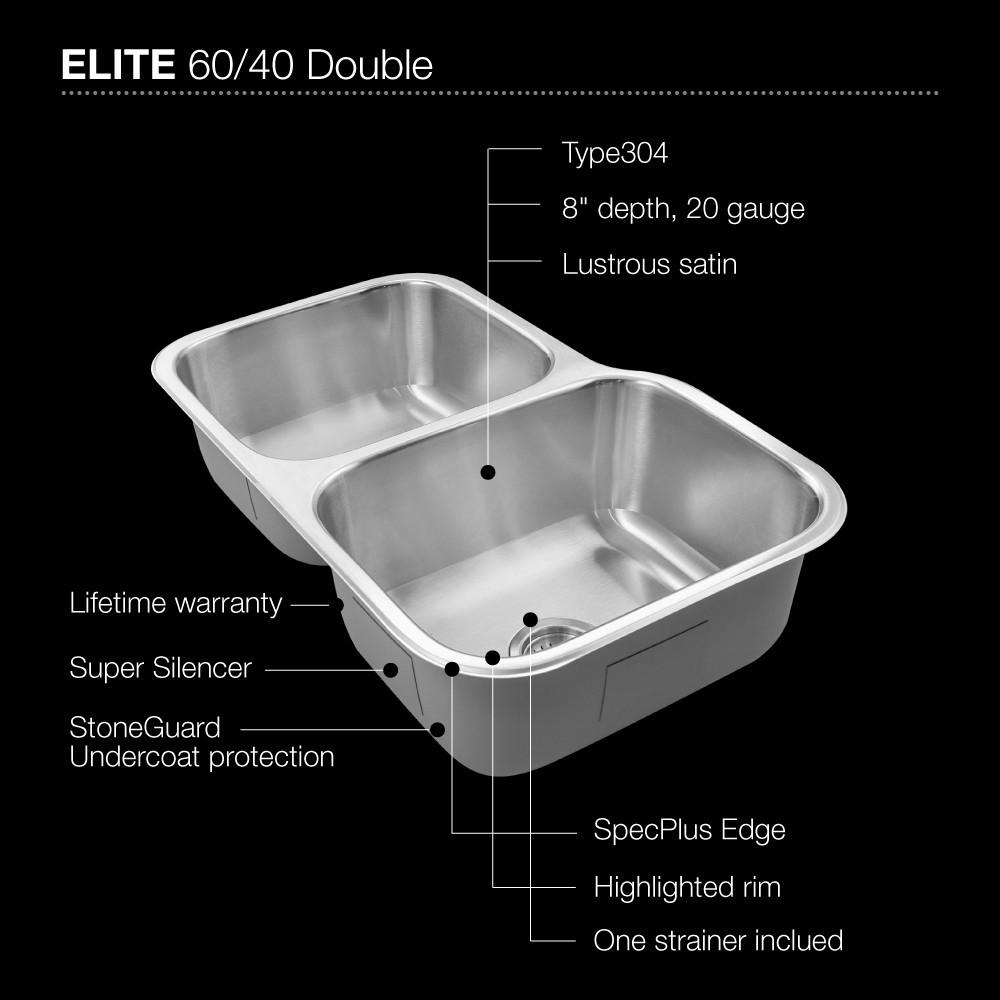 Houzer Elite Series Undermount Stainless Steel 60/40 Double Bowl Kitchen Sink, Small bowl left Kitchen Sink - Undermount Houzer 