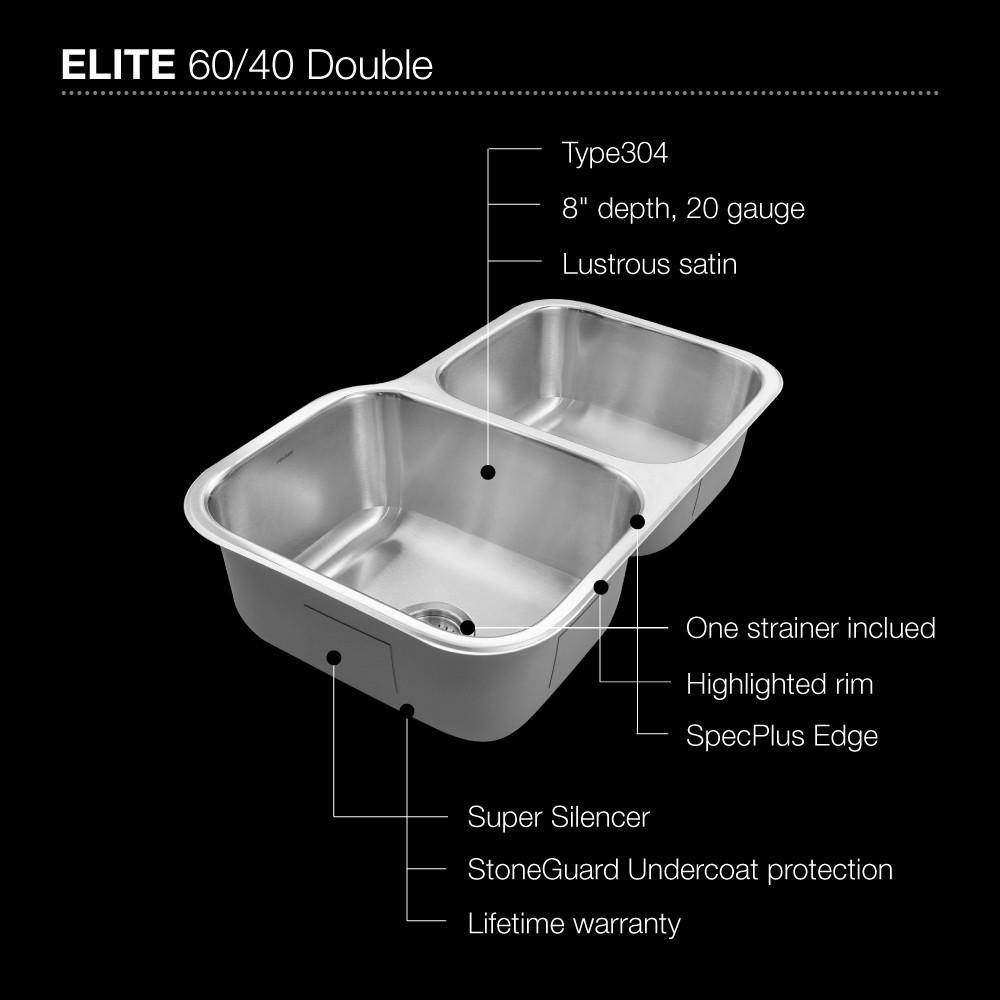 Houzer Elite Series Undermount Stainless Steel 60/40 Double Bowl Kitchen Sink, Small bowl Right Kitchen Sink - Undermount Houzer 