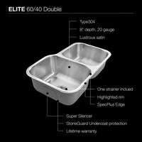 Thumbnail for Houzer Elite Series Undermount Stainless Steel 60/40 Double Bowl Kitchen Sink, Small bowl Right Kitchen Sink - Undermount Houzer 