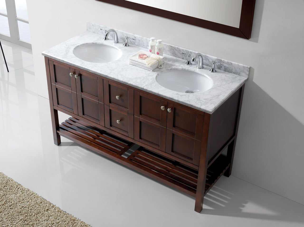 Virtu USA Winterfell 60" Double Round Sink Cherry Top Vanity in Cherry with Mirror Vanity Virtu USA 