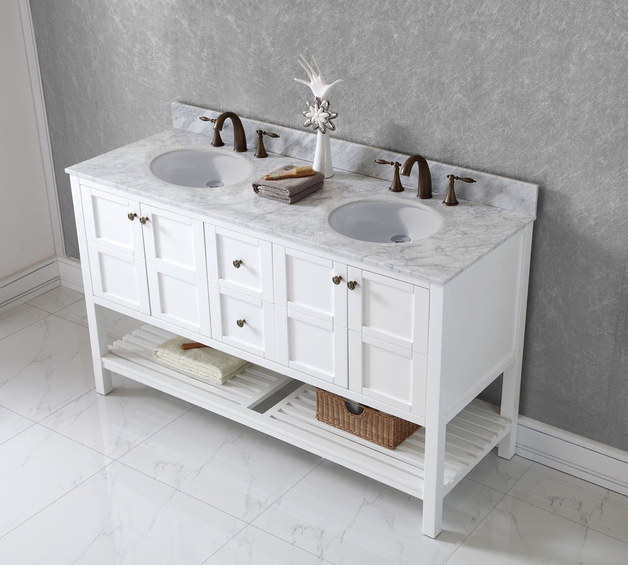 Virtu USA Winterfell 60" Double Round Sink White Top Vanity in White Vanity Virtu USA 