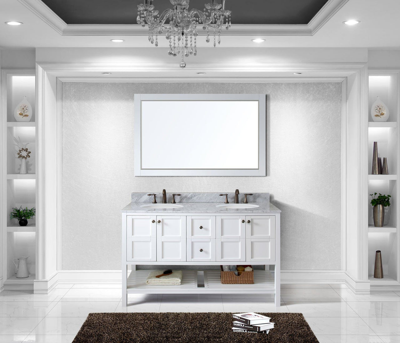 Virtu USA Winterfell 60" Double Round Sink White Top Vanity in White with Mirror Vanity Virtu USA 