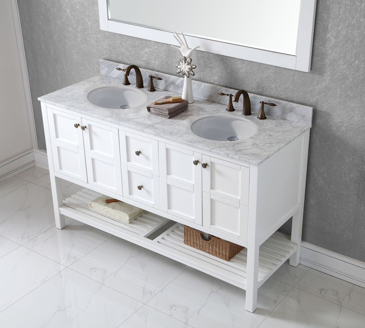 Virtu USA Winterfell 60" Double Round Sink White Top Vanity in White with Mirror Vanity Virtu USA 