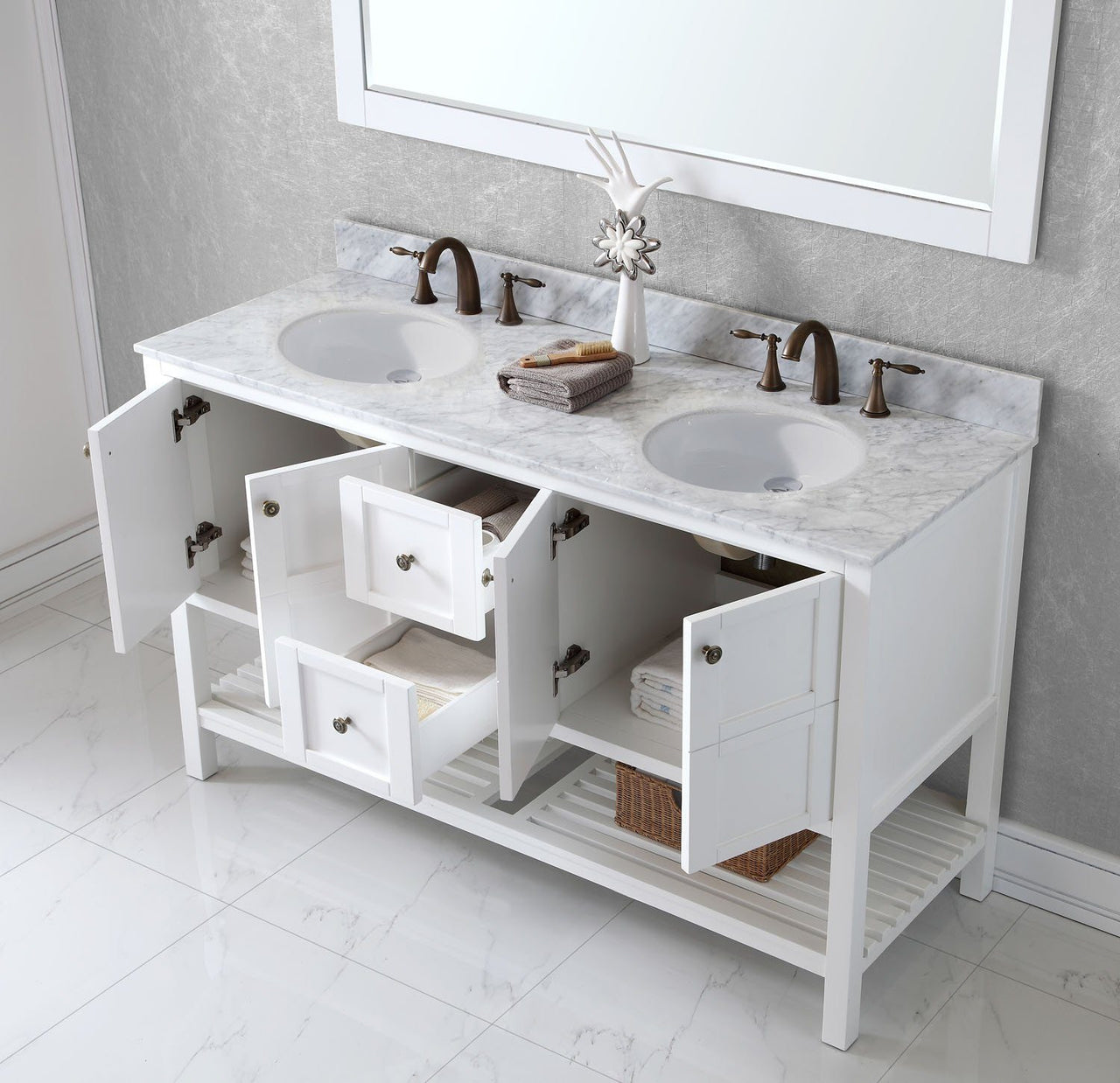 Virtu USA Winterfell 60" Double Round Sink White Top Vanity in White with Mirror Vanity Virtu USA 