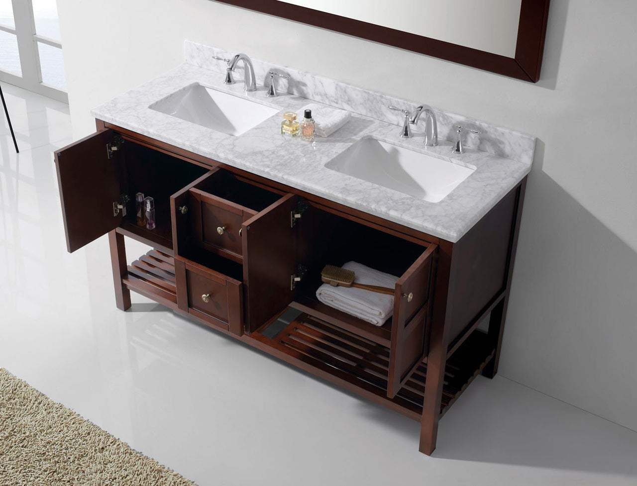 Virtu USA Winterfell 60" Double Square Sink Cherry Top Vanity with Mirror Vanity Virtu USA 
