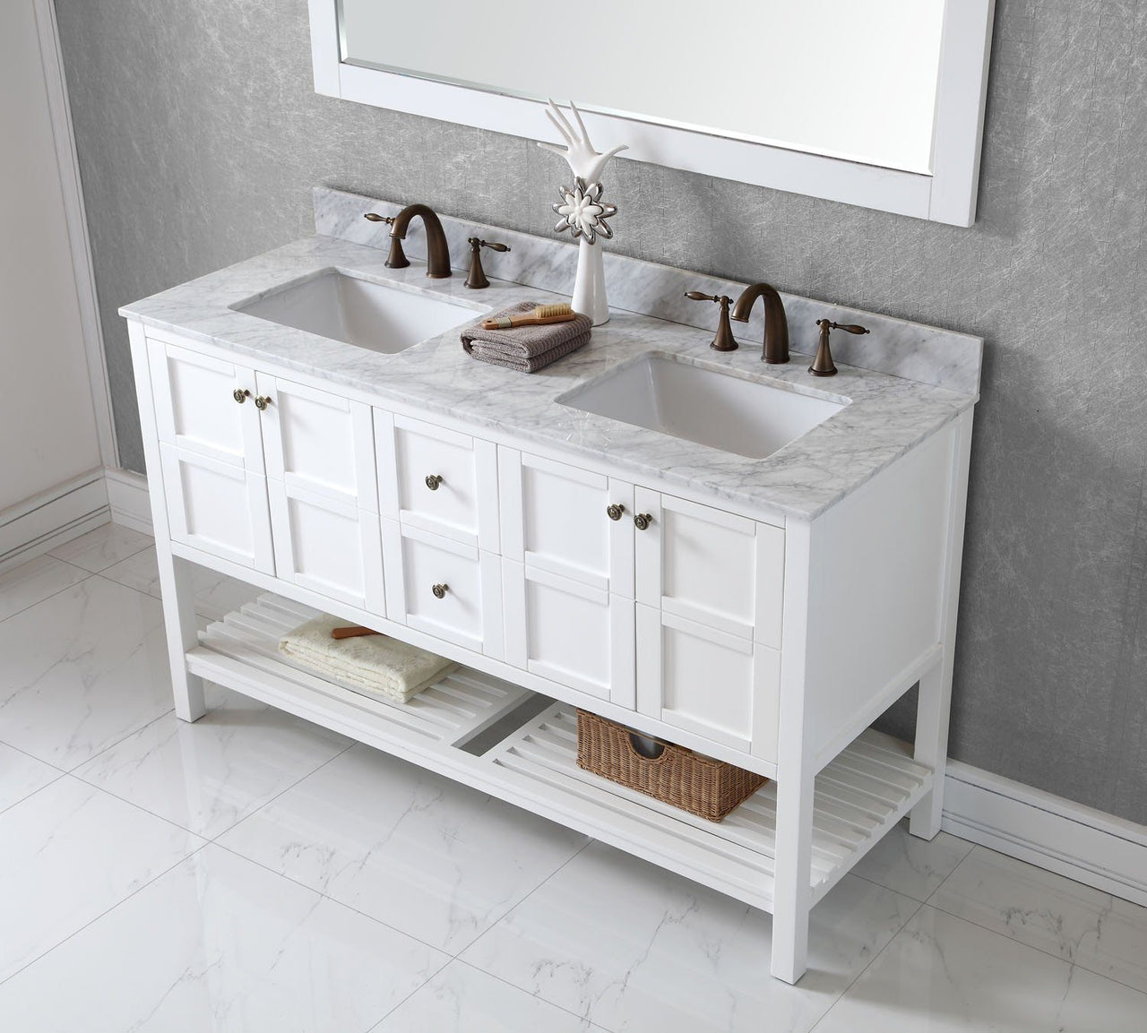 Virtu USA Winterfell 60" Double Square Sink White Top Vanity with Mirror Vanity Virtu USA 