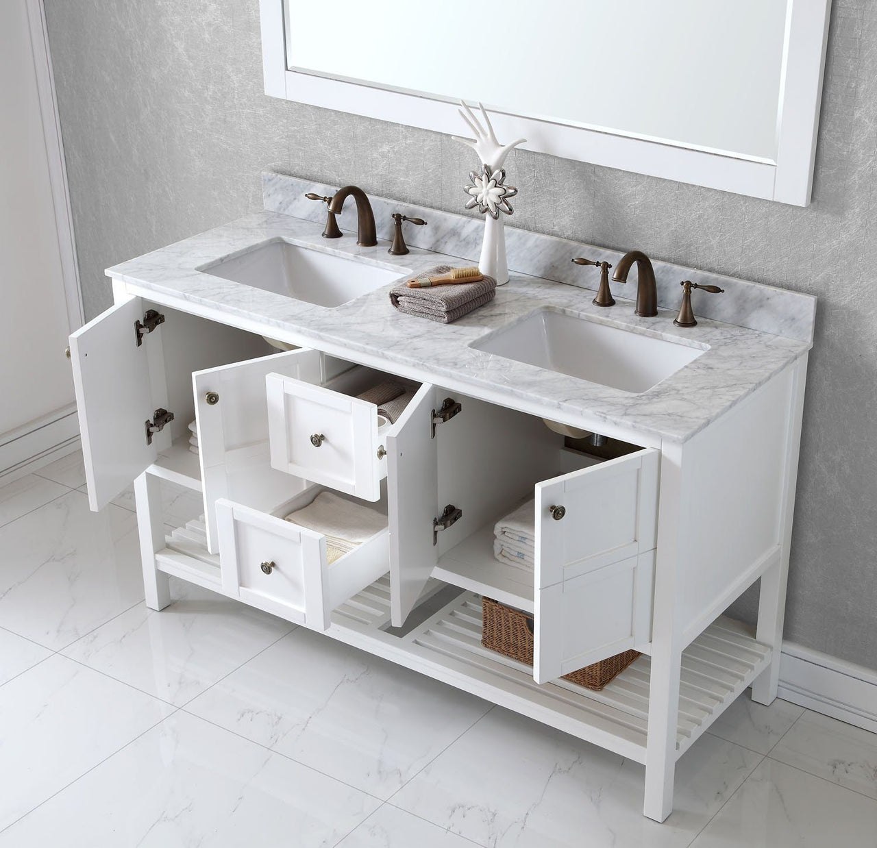 Virtu USA Winterfell 60" Double Square Sink White Top Vanity with Mirror Vanity Virtu USA 