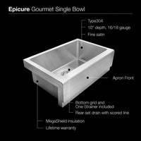 Thumbnail for Houzer Epicure Series Apron Front Farmhouse Stainless Steel Single Bowl Kitchen Sink Kitchen Sink - Apron Front Houzer 