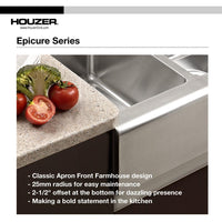 Thumbnail for Houzer Epicure Series Apron Front Farmhouse Stainless Steel Single Bowl Kitchen Sink Kitchen Sink - Apron Front Houzer 